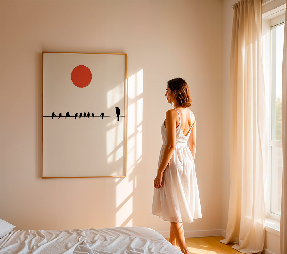 Minimalistisk design fåglar på ledning med röd sol