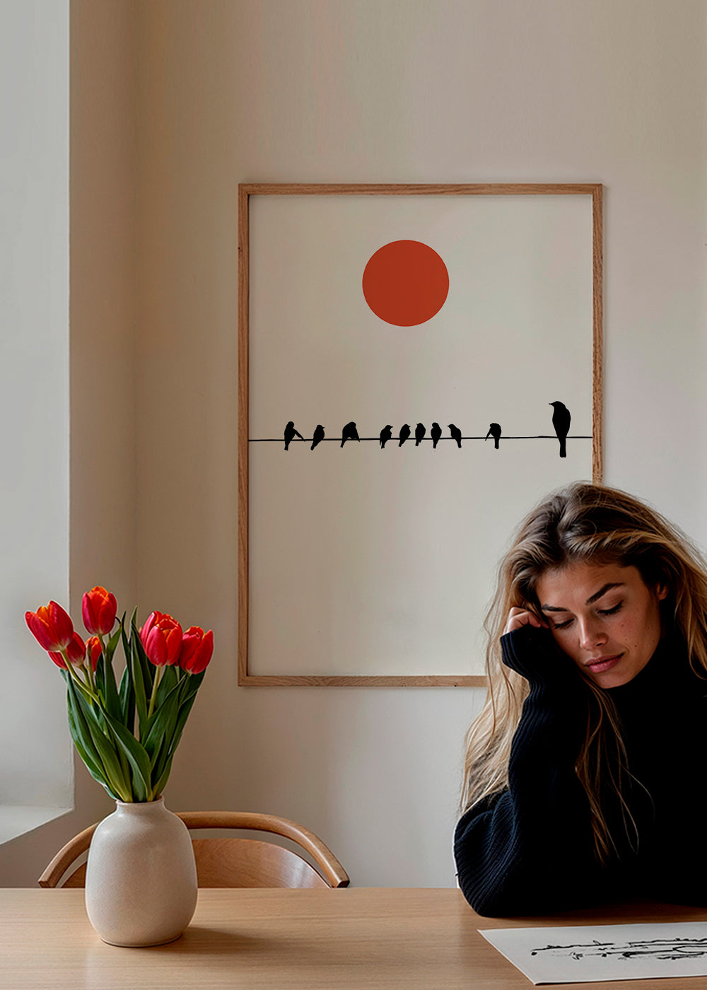 Minimalistisk design fåglar på ledning med röd sol
