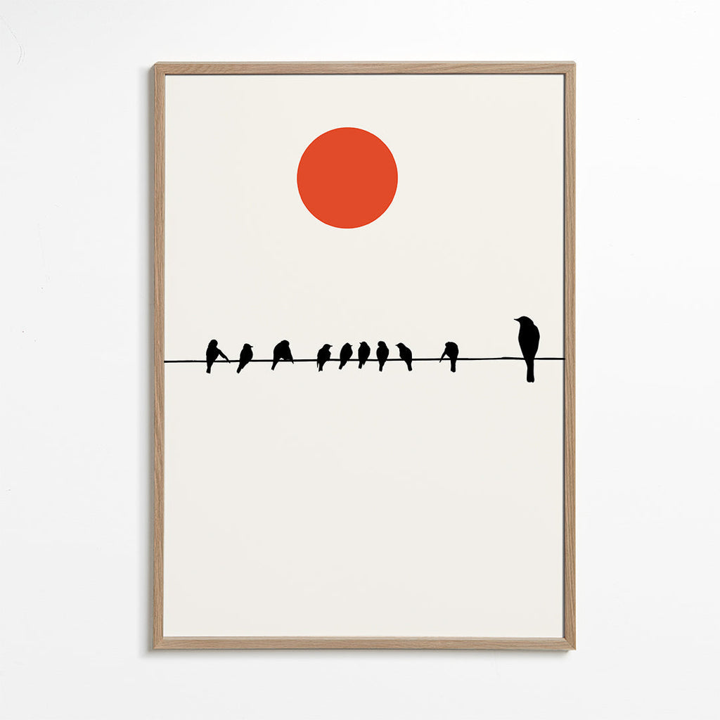 Minimalistisk design fåglar på ledning med röd sol
