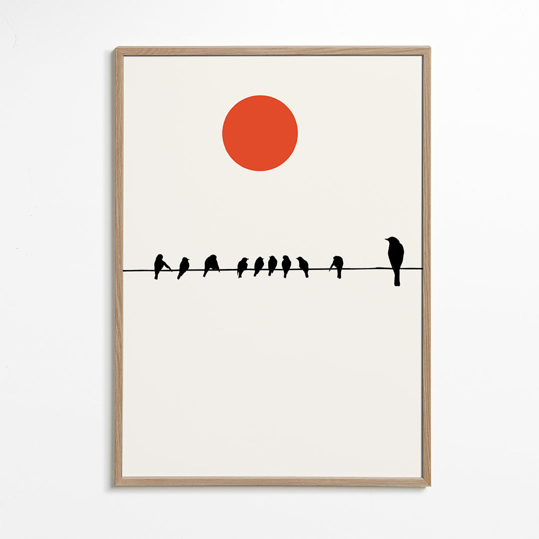 Minimalistisk design fåglar på ledning med röd sol