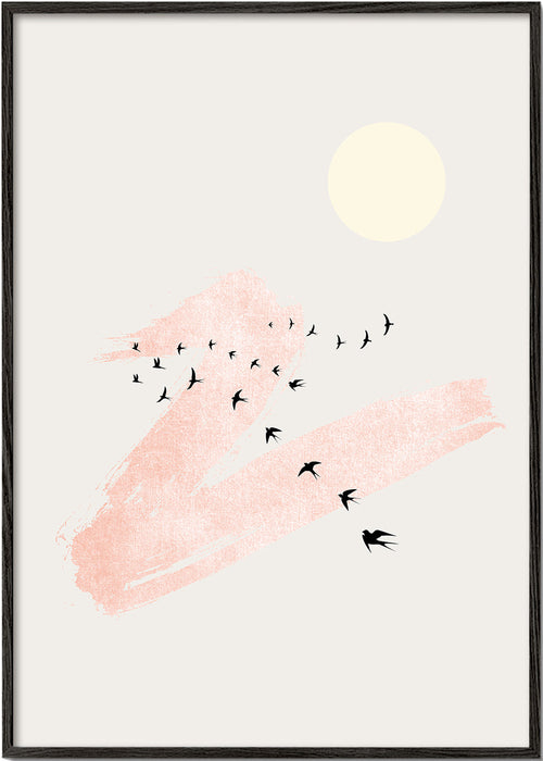 Illustration av flygande fåglar med rosa penseldrag