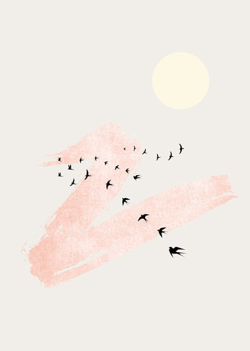Illustration av flygande fåglar med rosa penseldrag