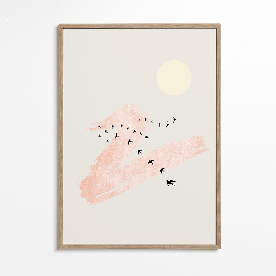 Illustration av flygande fåglar med rosa penseldrag