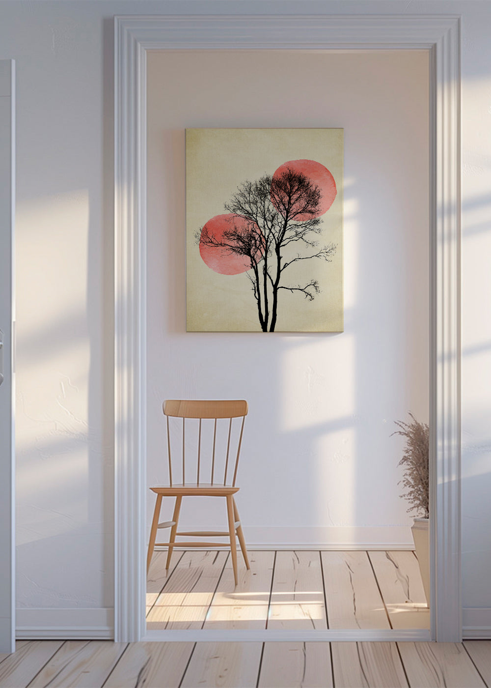 Botanisk plansch träd i siluett med korallmånar