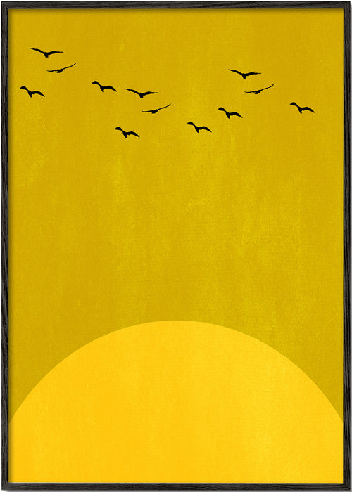 Minimalistiskt landskap med sol och fåglar