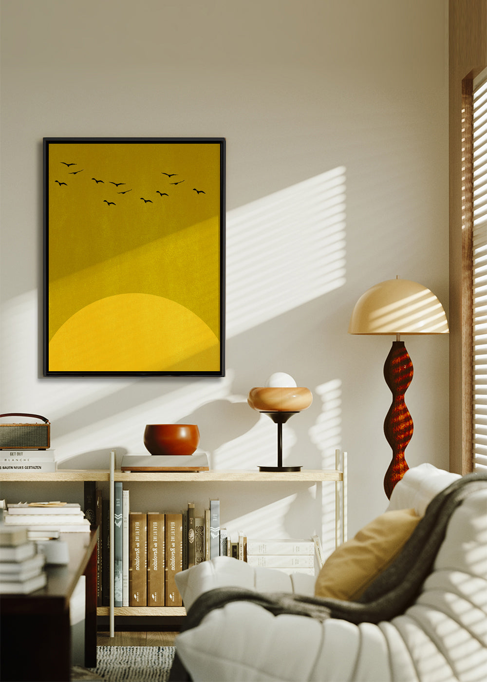 Minimalistiskt landskap med sol och fåglar