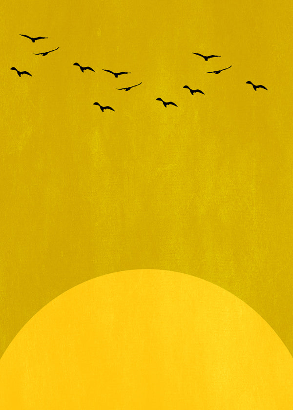 Minimalistiskt landskap med sol och fåglar