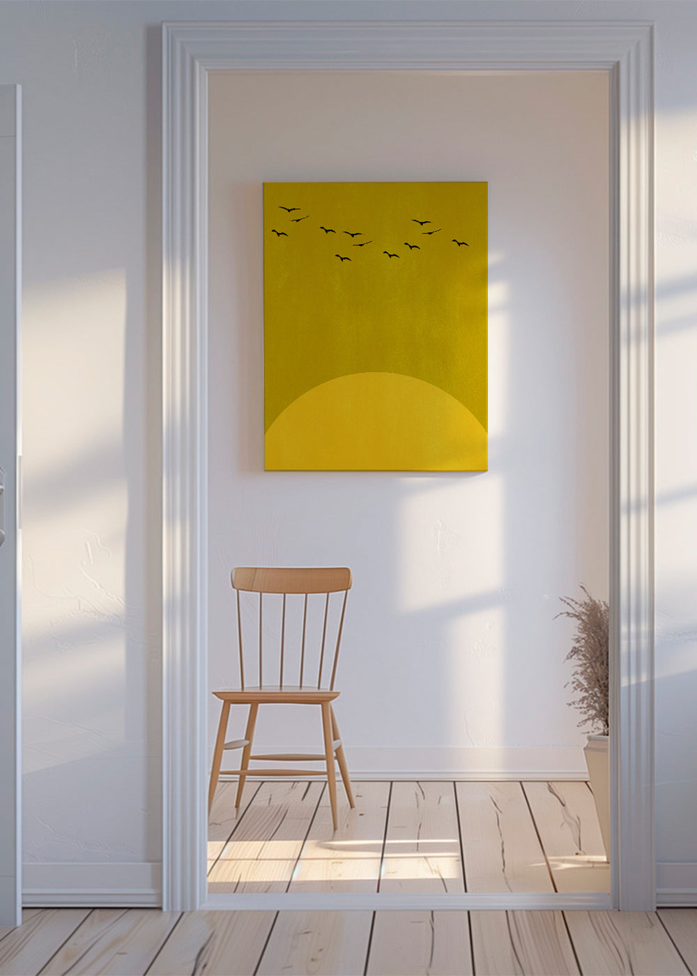 Minimalistiskt landskap med sol och fåglar