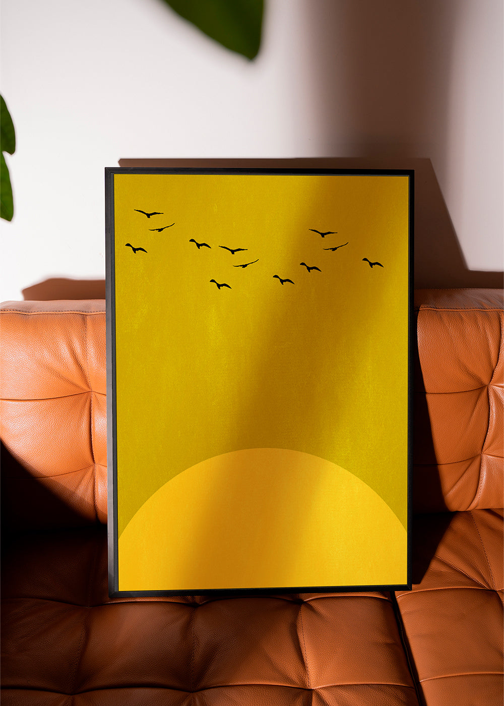 Minimalistiskt landskap med sol och fåglar