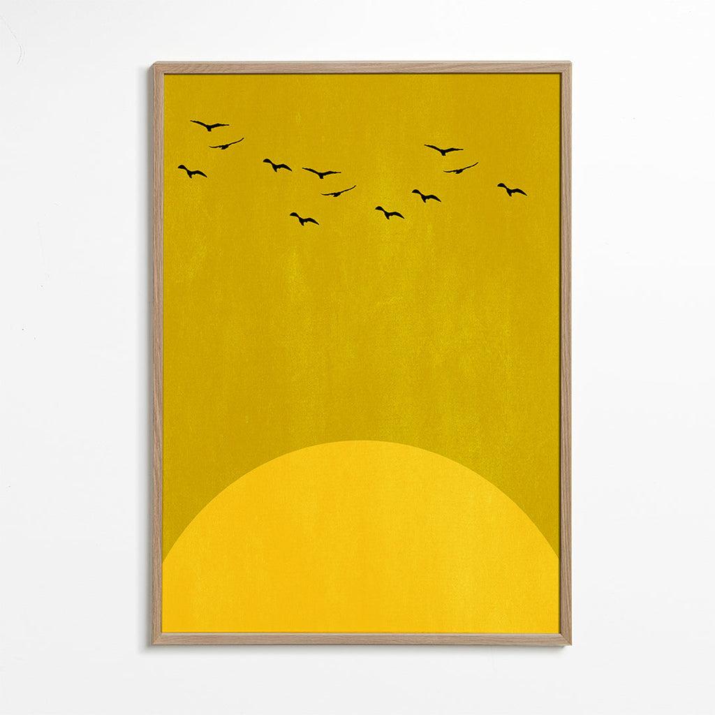 Minimalistiskt landskap med sol och fåglar