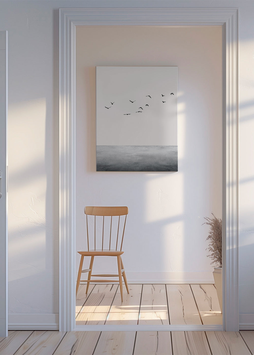 Minimalistisk tryck med flygande fåglar över lugn horisont