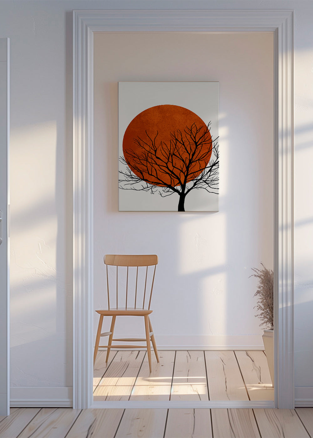 Landskapsbild med röd sol och träd-silhuett