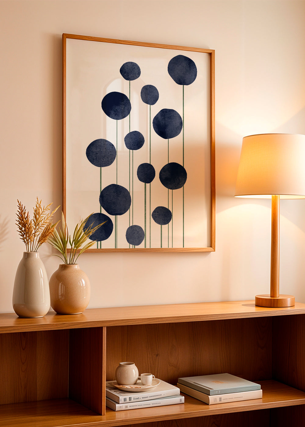 Botanisk poster med mörkblå cirklar