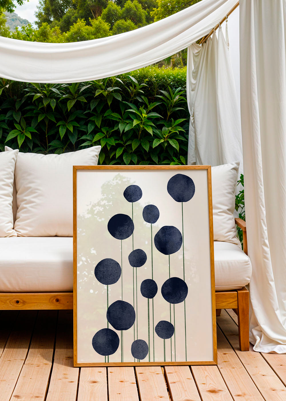 Botanisk poster med mörkblå cirklar