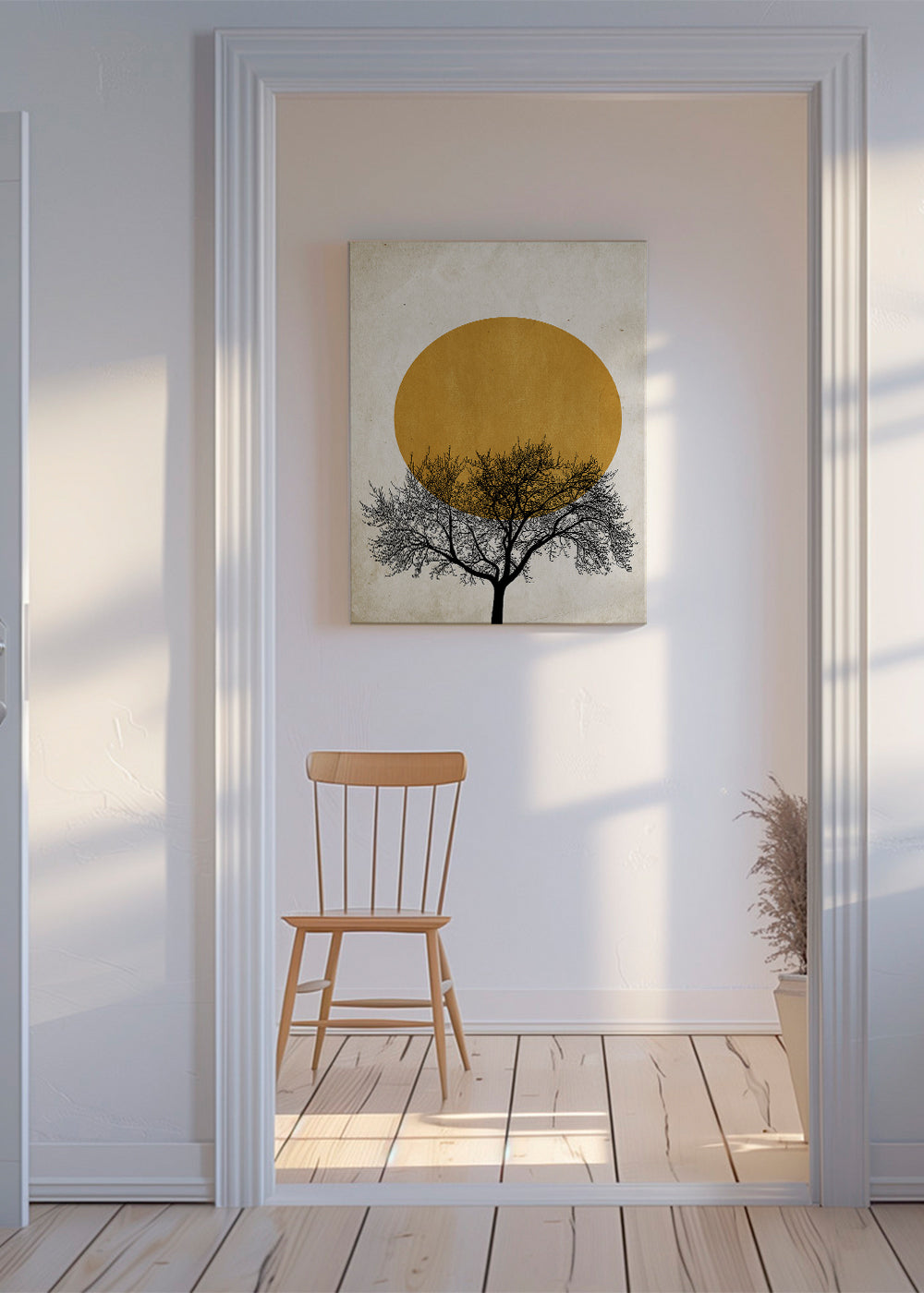 Landskapskonst med geometrisk sol och träd-siluett