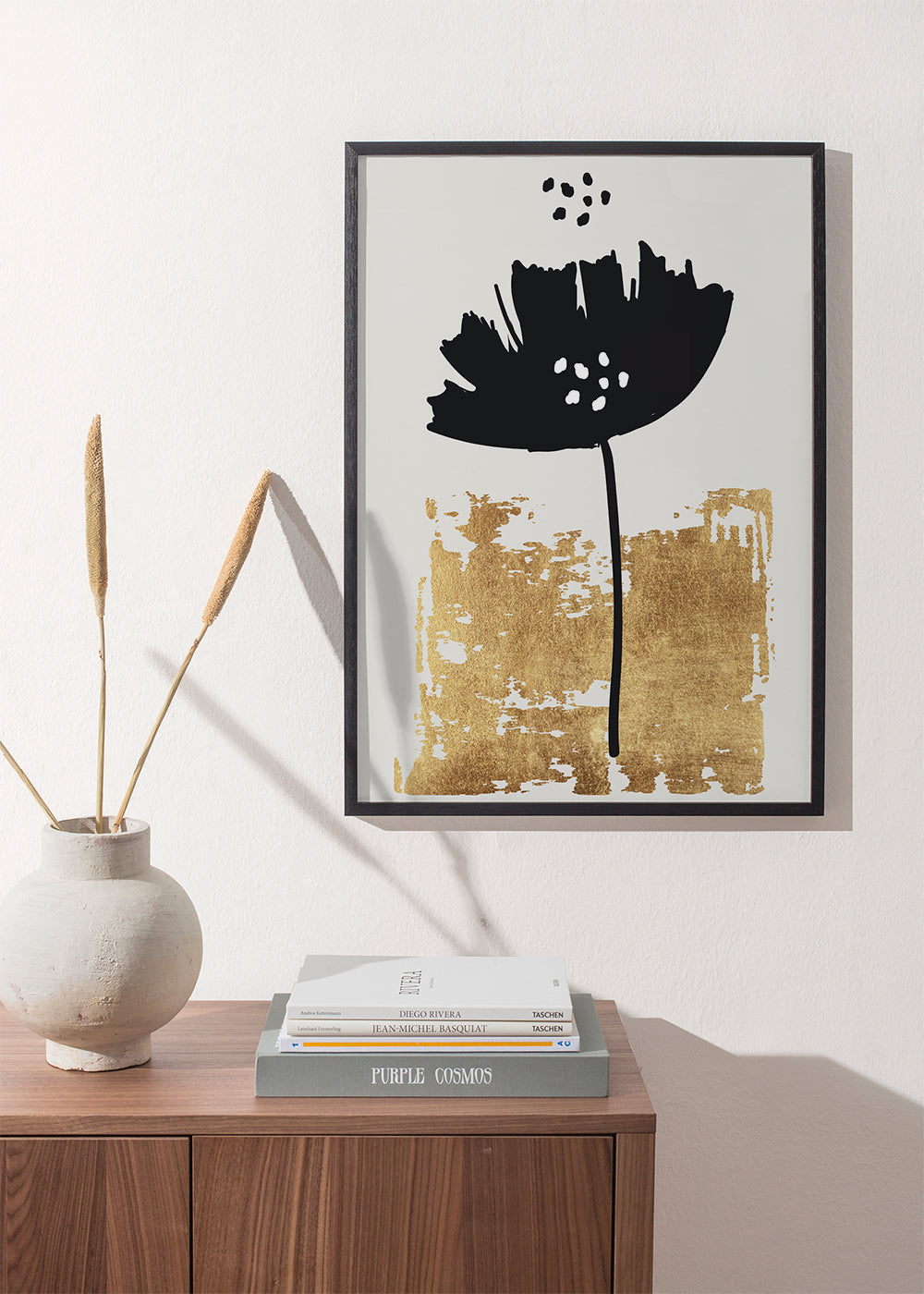 Botanisk poster: svart vallmo med guldig textur