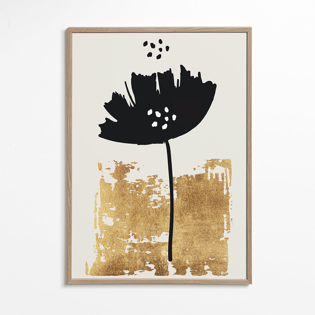Botanisk poster: svart vallmo med guldig textur