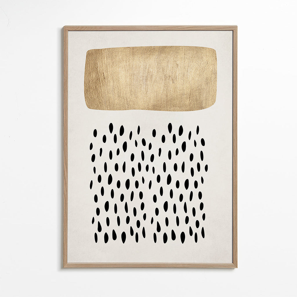 Minimalistisk design med guldblock och svarta motiv