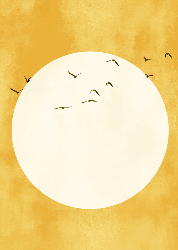 Minimalistisk solcirkel konstverk med fåglar