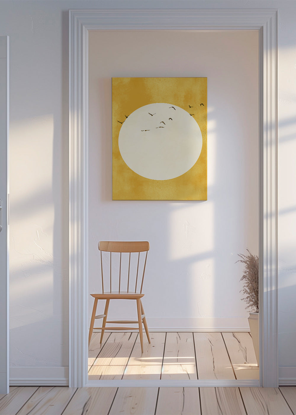 Minimalistisk solcirkel konstverk med fåglar
