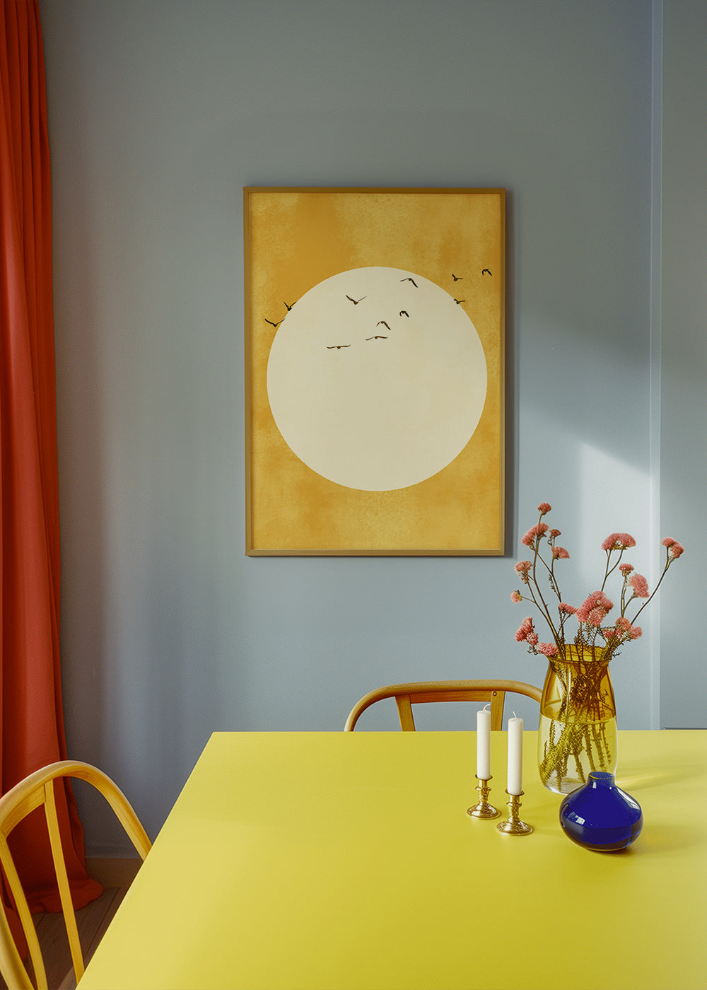 Minimalistisk solcirkel konstverk med fåglar