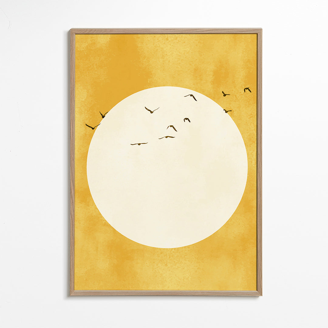 Minimalistisk solcirkel konstverk med fåglar