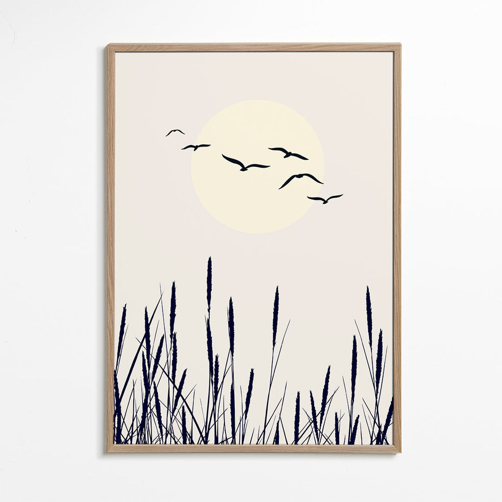 Botanisk poster med vass och soluppgång