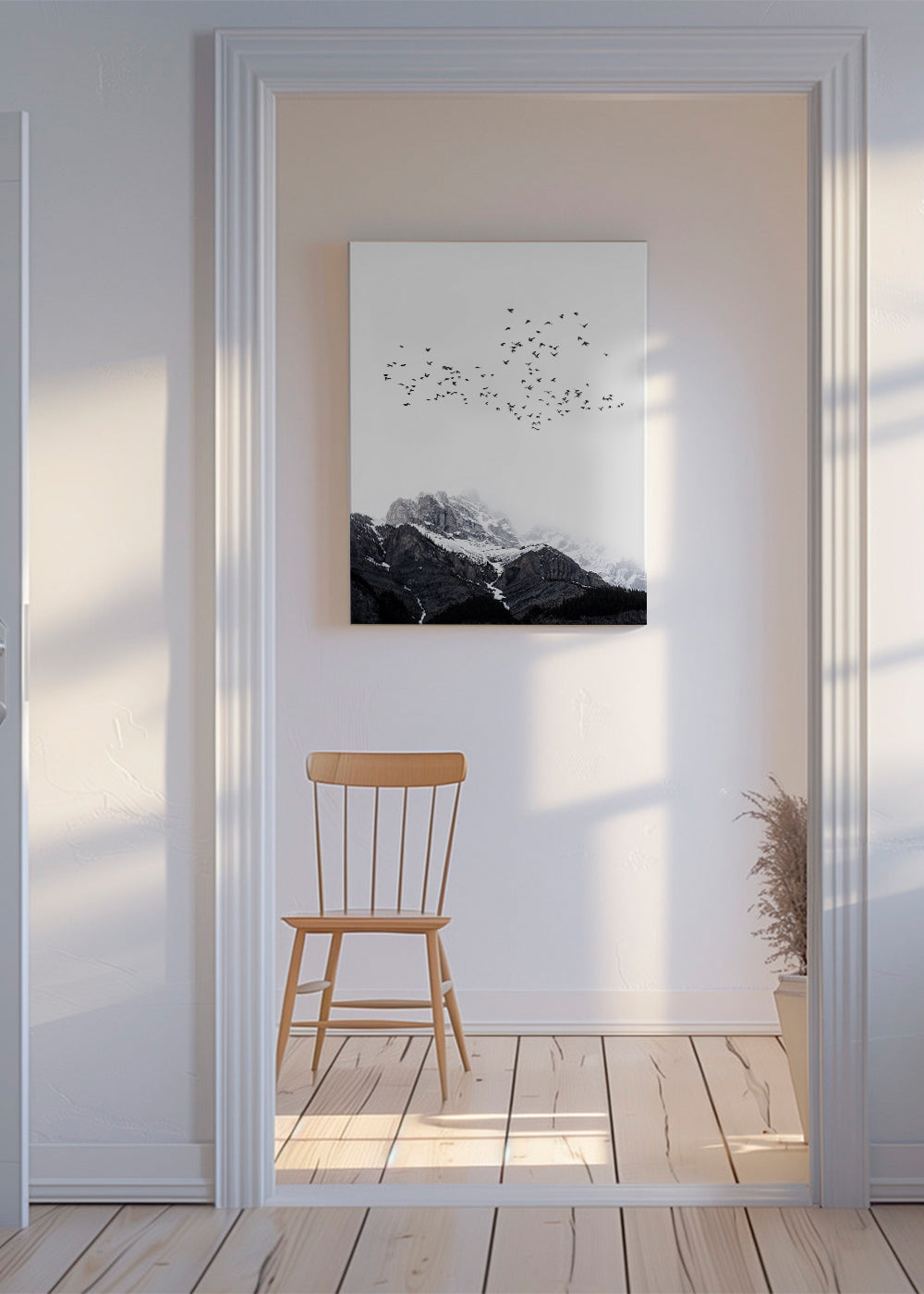 Landskapsaffisch med fåglar över snötäckta toppar