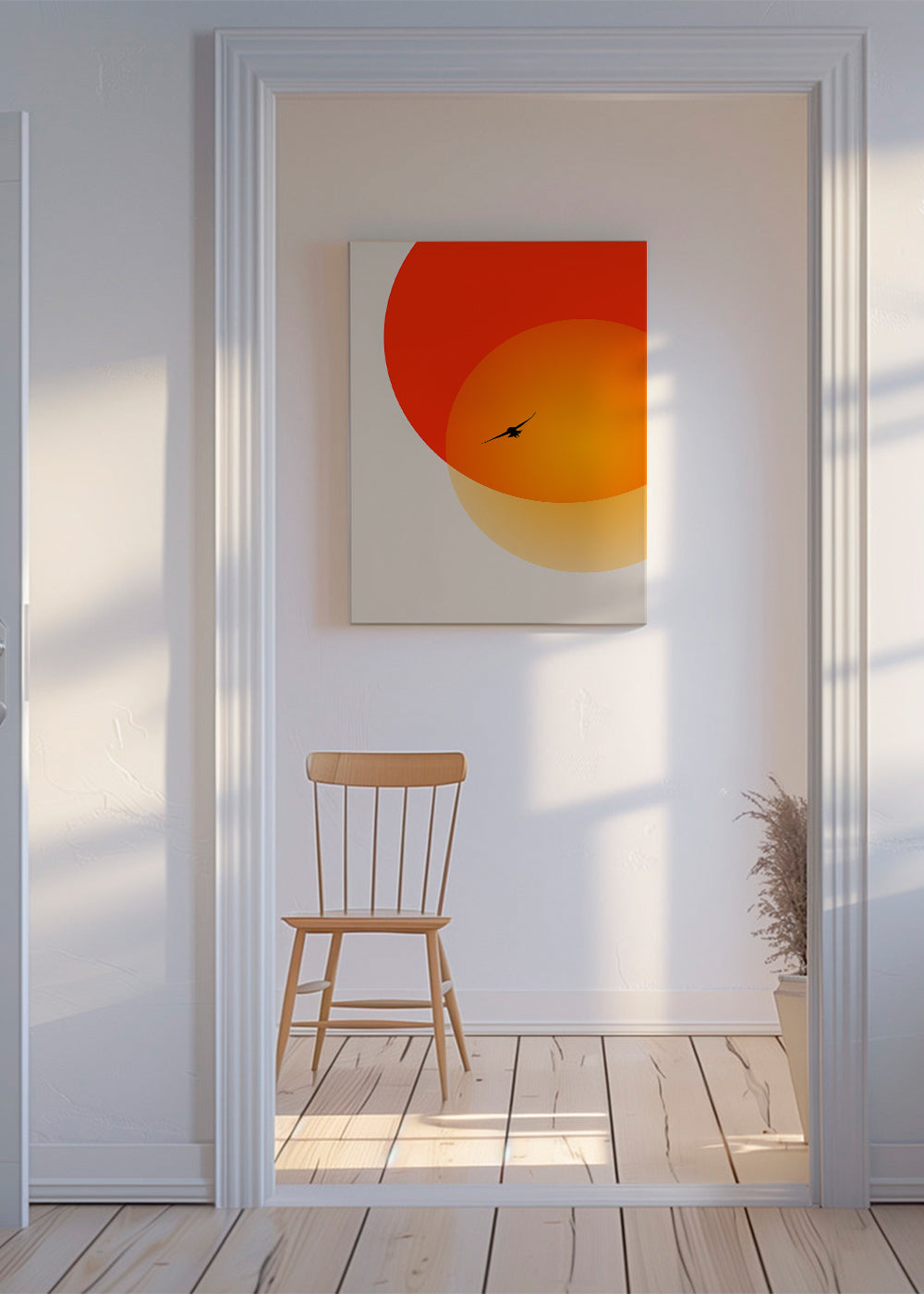Landskap med geometrisk sol och måsfågel