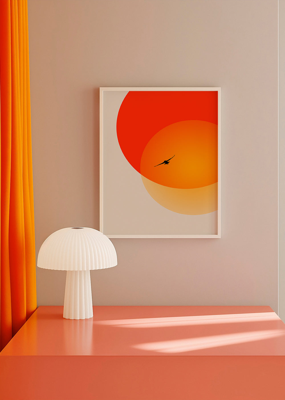 Landskap med geometrisk sol och måsfågel