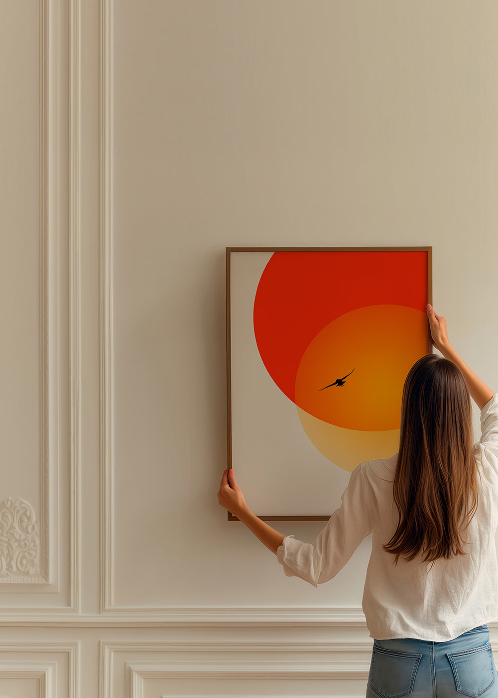Landskap med geometrisk sol och måsfågel