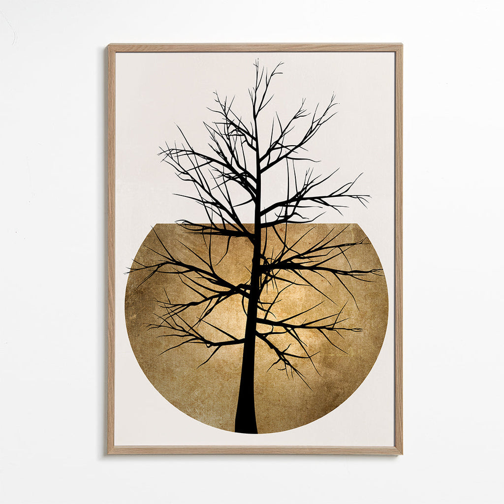 Botanisk poster: träsilhuett med gyllene skiva