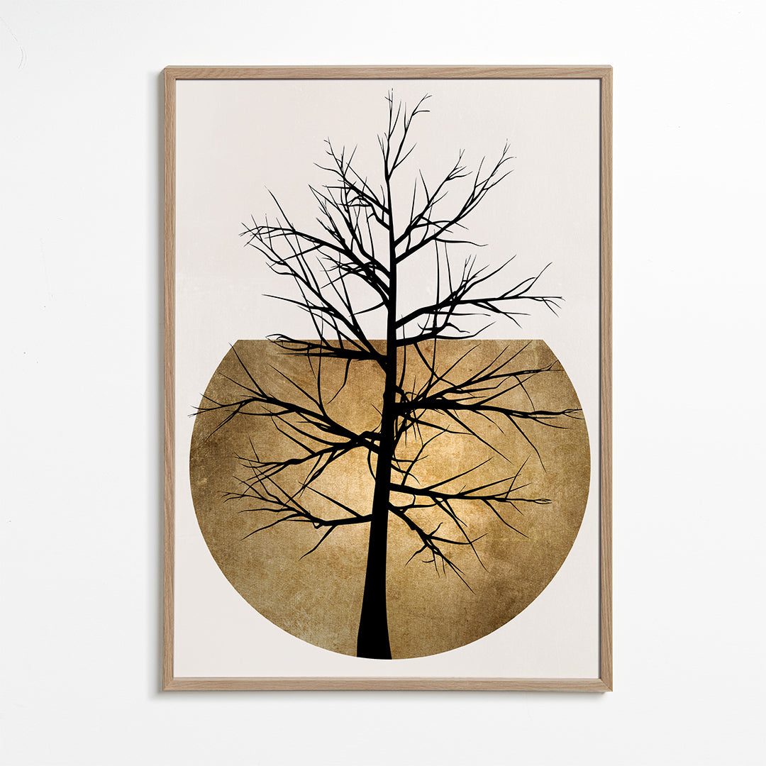 Botanisk poster: träsilhuett med gyllene skiva