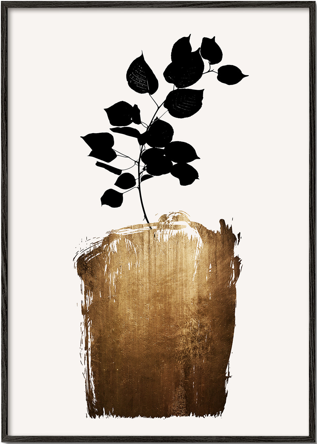 Botanisk poster med svart blad och guldfärgad penseldrag