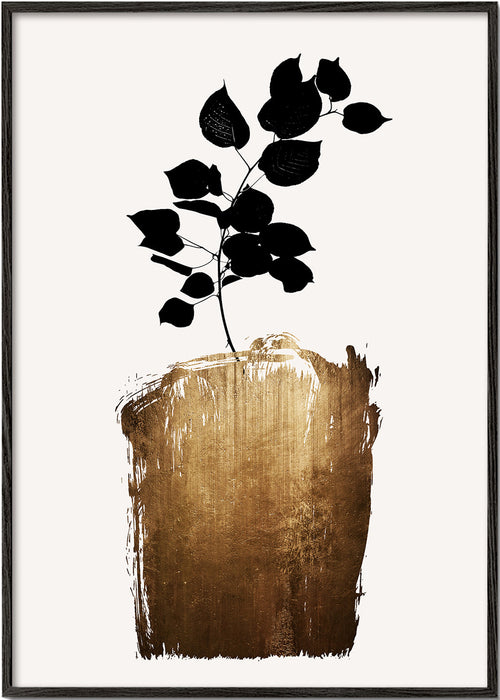 Botanisk poster med svart blad och guldfärgad penseldrag