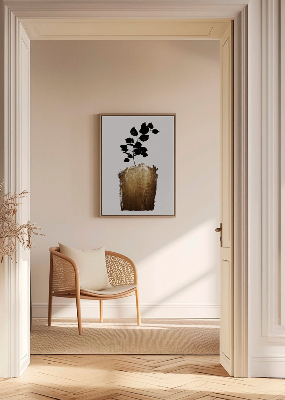 Botanisk poster med svart blad och guldfärgad penseldrag
