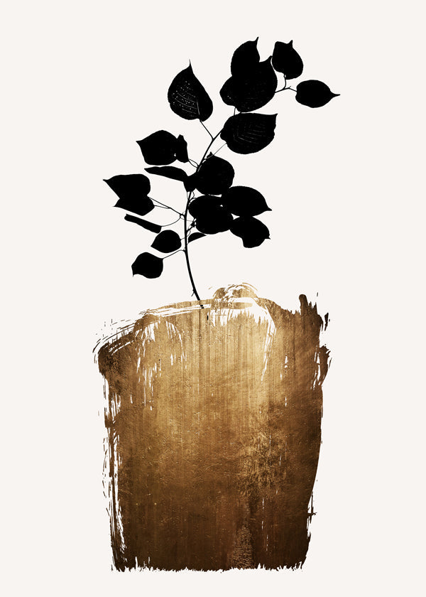 Botanisk poster med svart blad och guldfärgad penseldrag