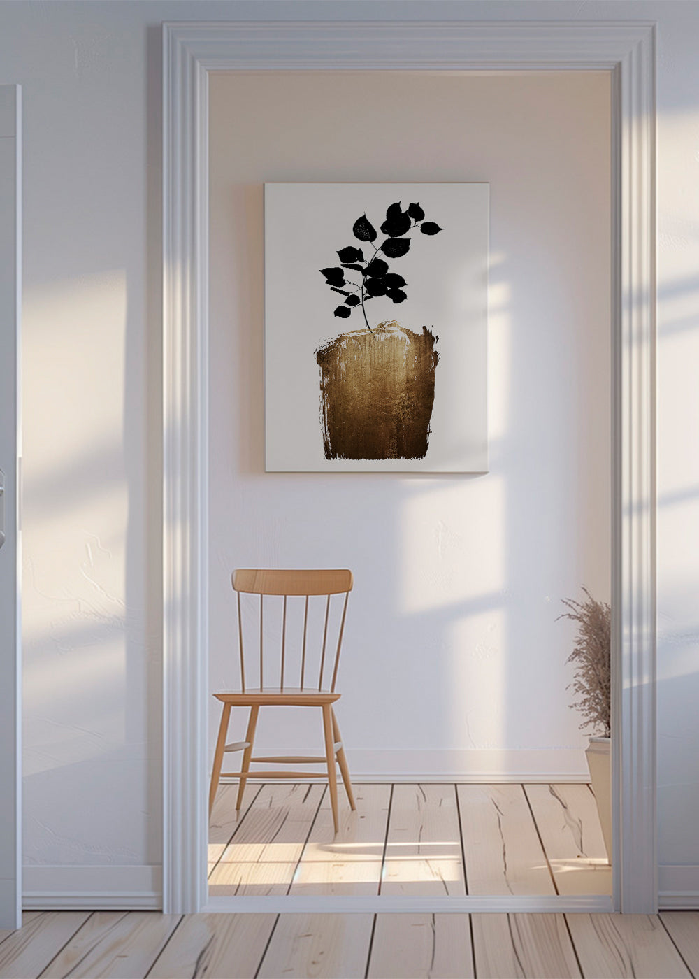 Botanisk poster med svart blad och guldfärgad penseldrag