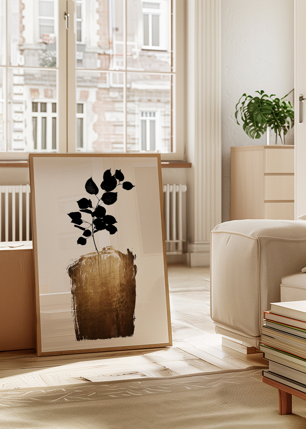 Botanisk poster med svart blad och guldfärgad penseldrag
