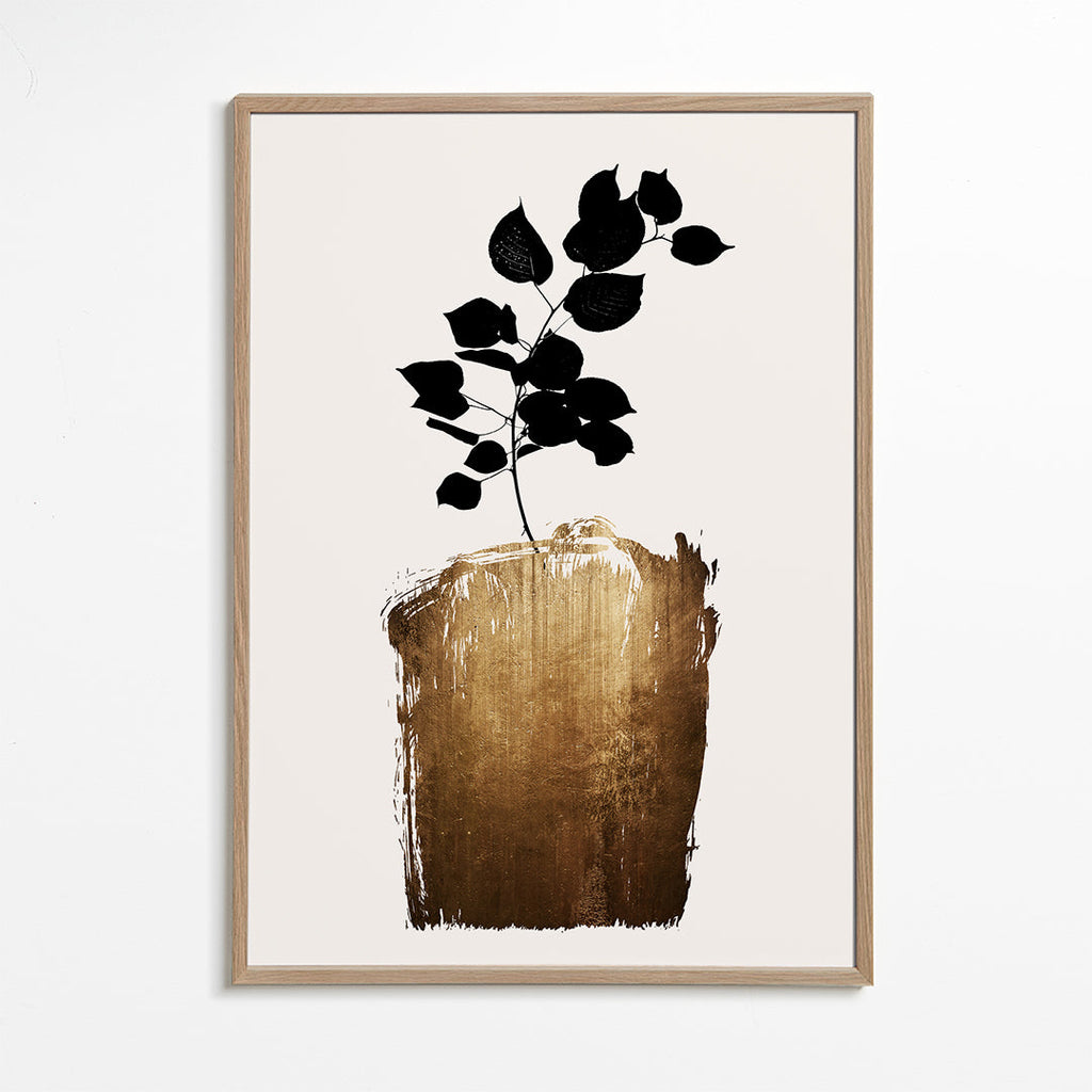 Botanisk poster med svart blad och guldfärgad penseldrag