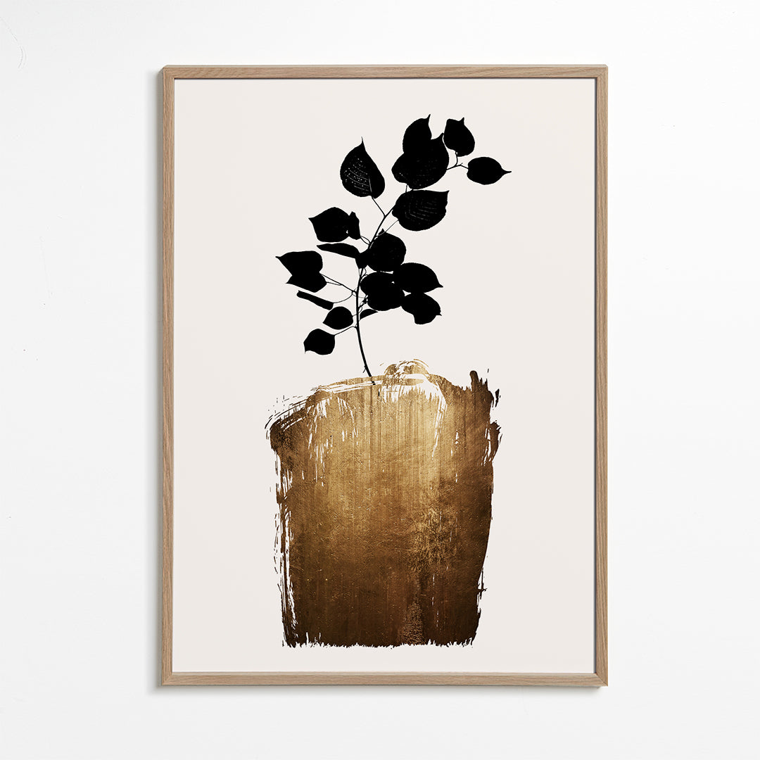 Botanisk poster med svart blad och guldfärgad penseldrag