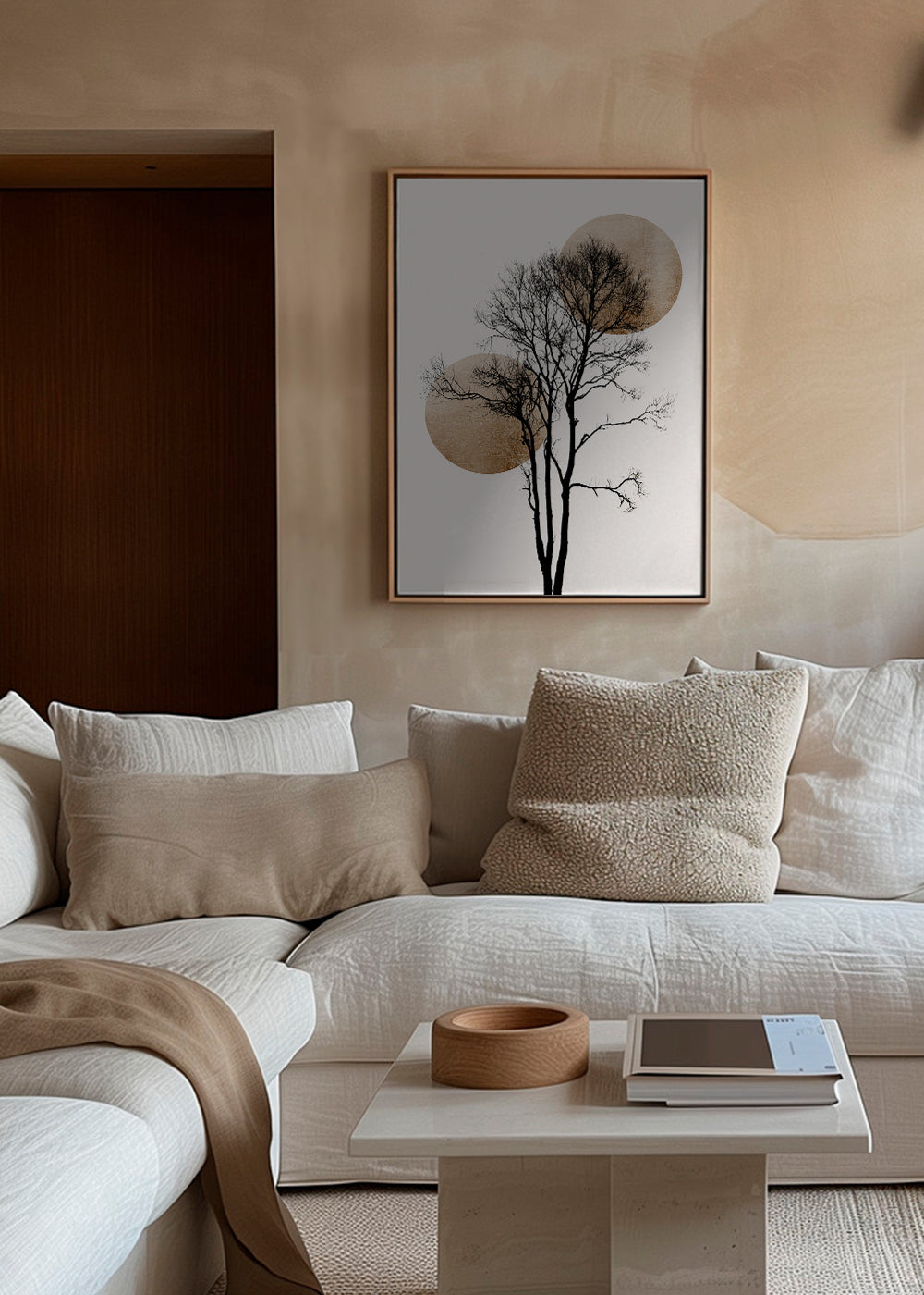 Botanisk poster: trädsilhuett med gyllene skivor
