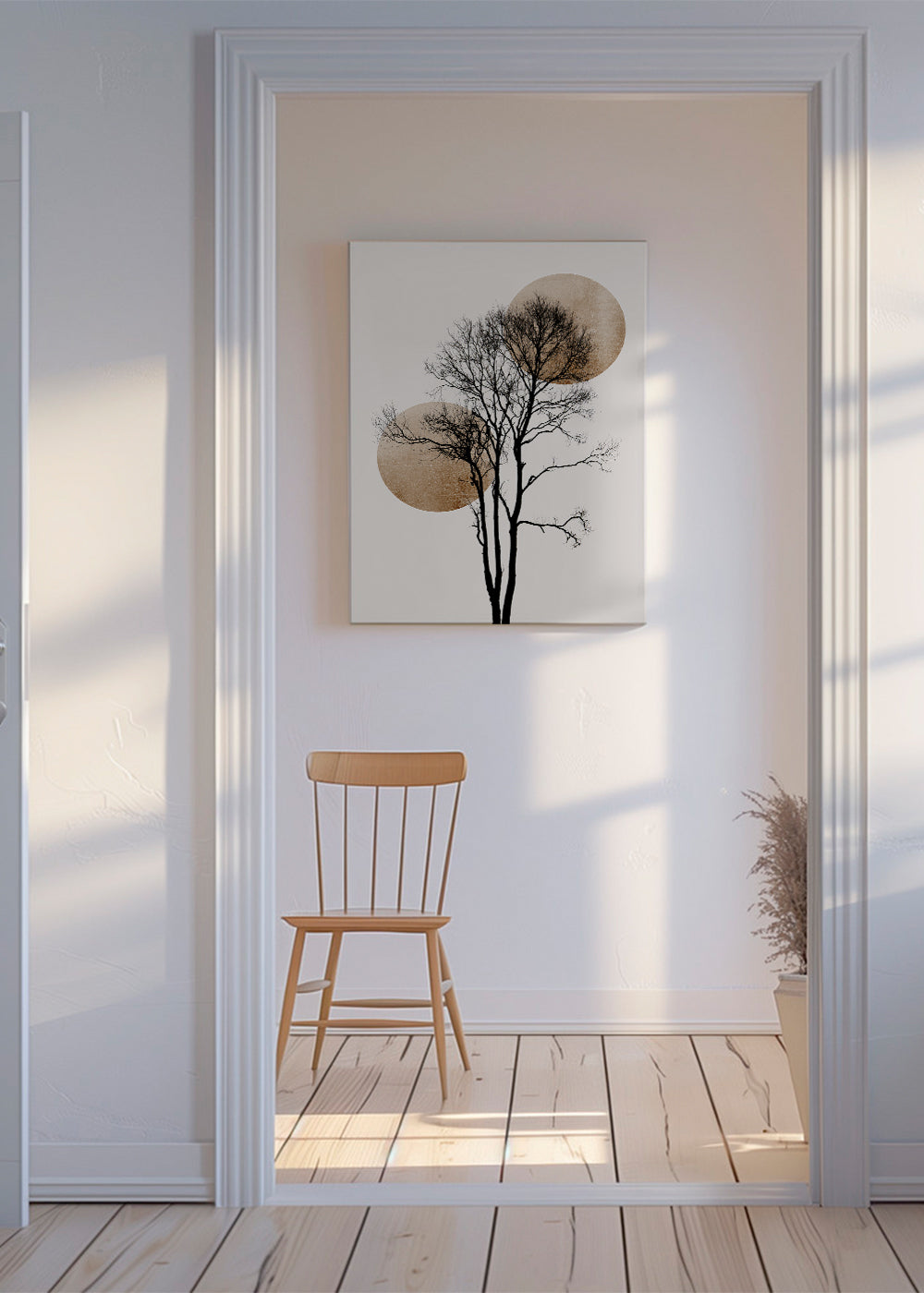 Botanisk poster: trädsilhuett med gyllene skivor