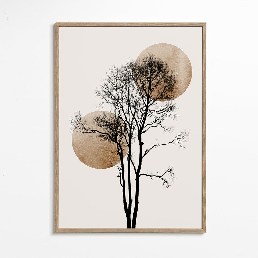 Botanisk poster: trädsilhuett med gyllene skivor