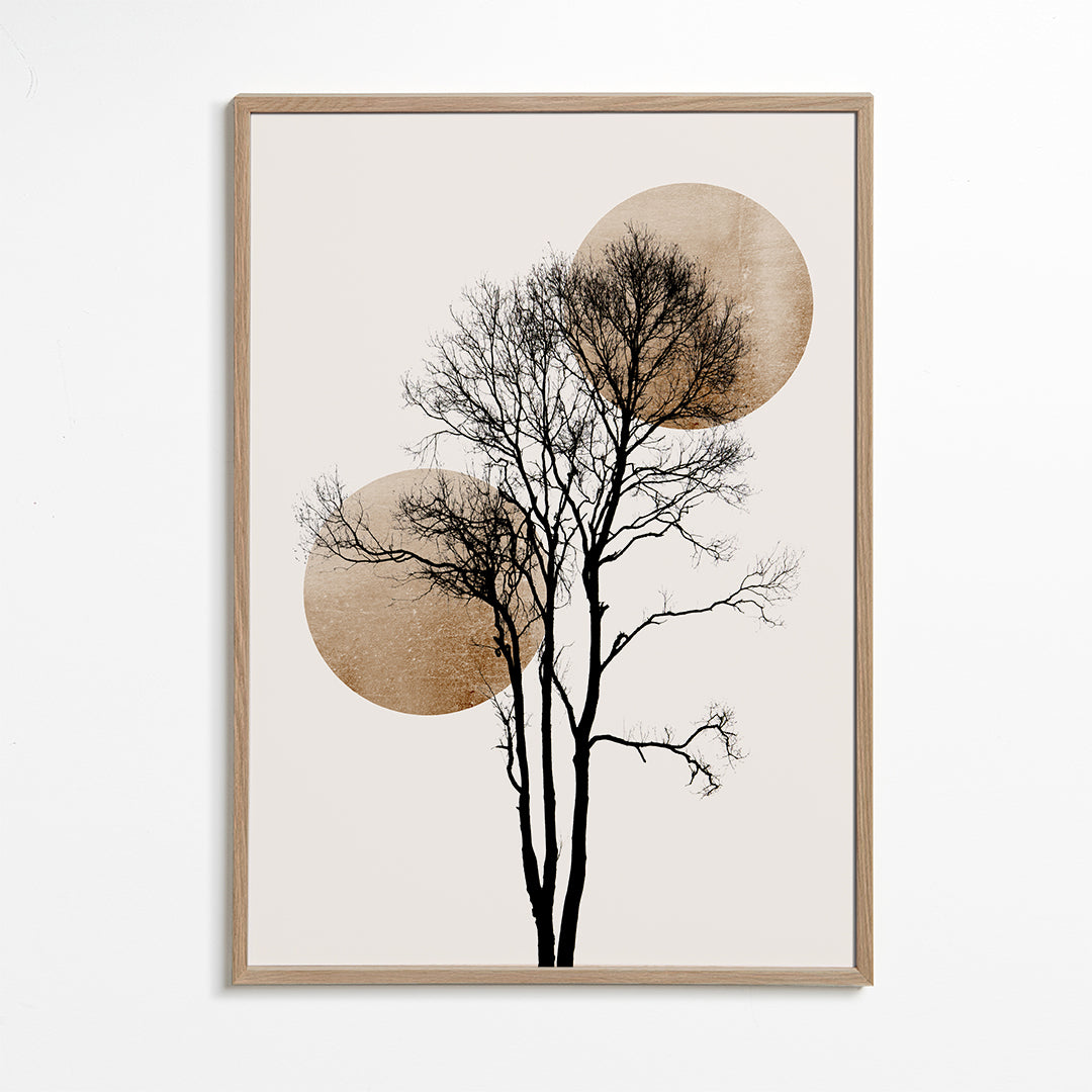 Botanisk poster: trädsilhuett med gyllene skivor