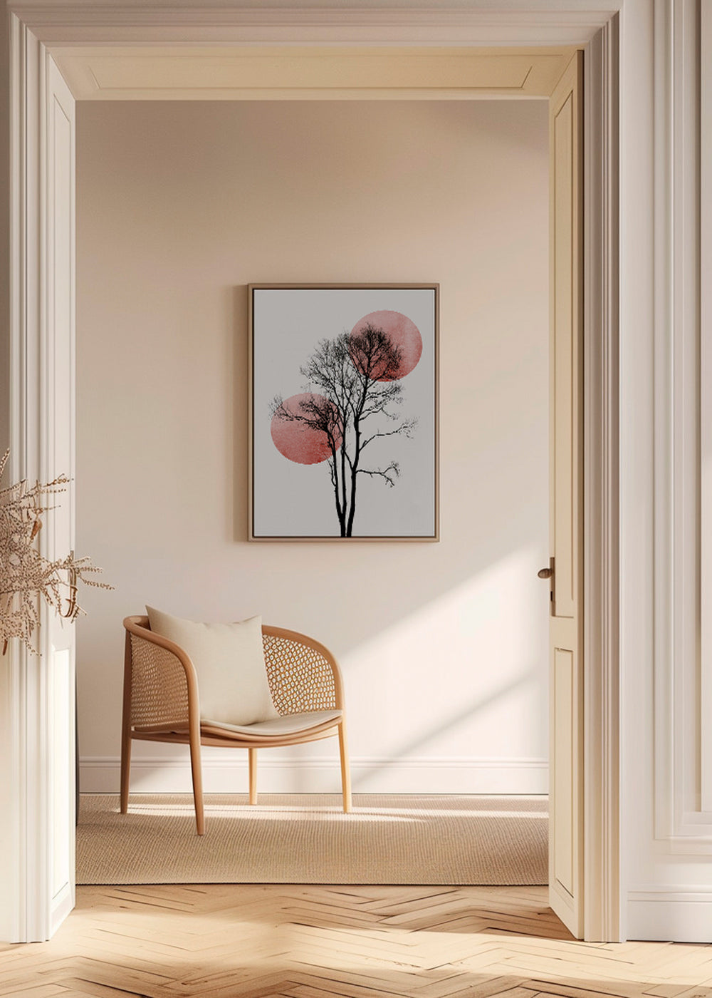 Botaniskt tryck: träd-silhuett med rosa skivor