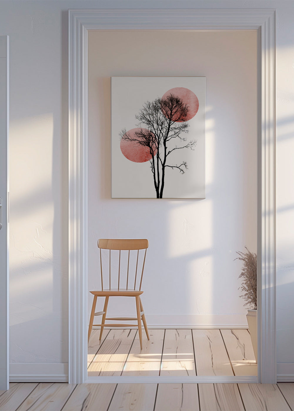 Botaniskt tryck: träd-silhuett med rosa skivor