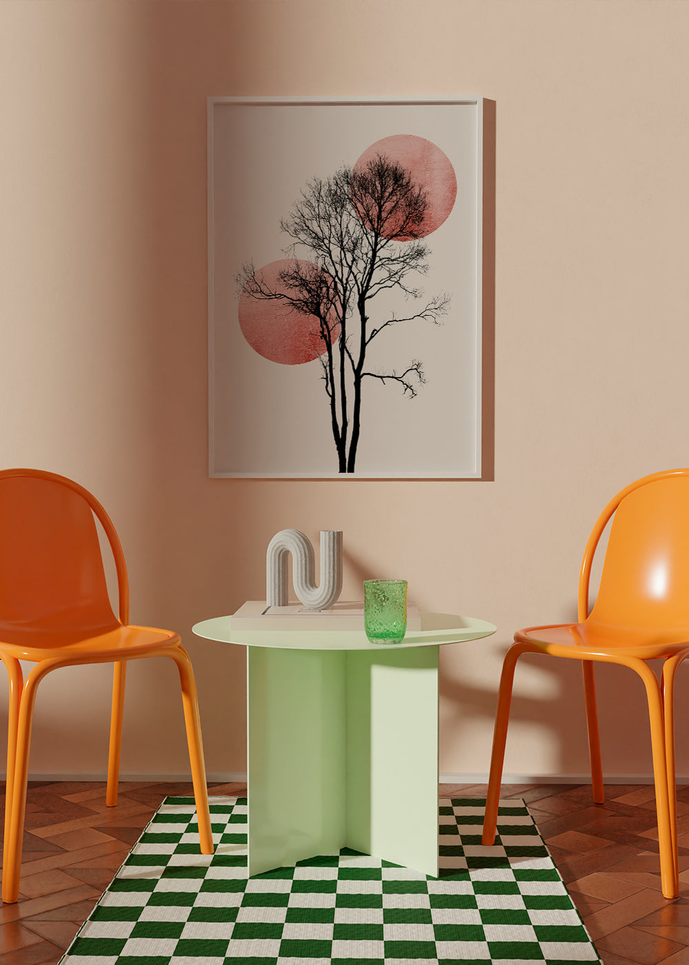 Botaniskt tryck: träd-silhuett med rosa skivor