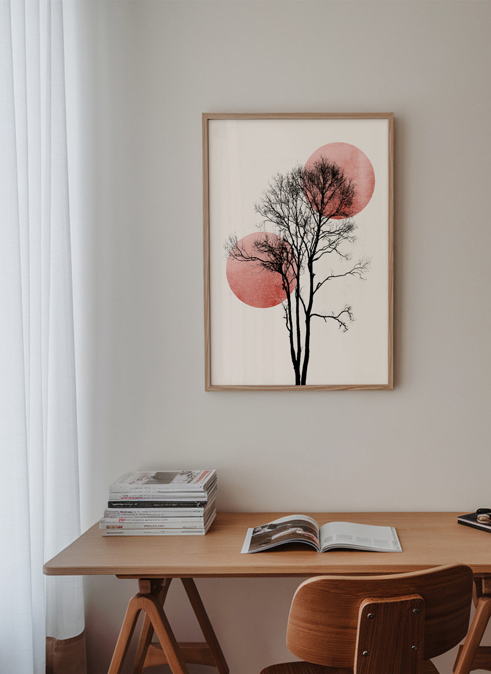 Botaniskt tryck: träd-silhuett med rosa skivor