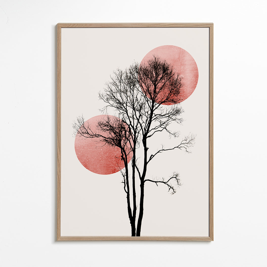 Botaniskt tryck: träd-silhuett med rosa skivor